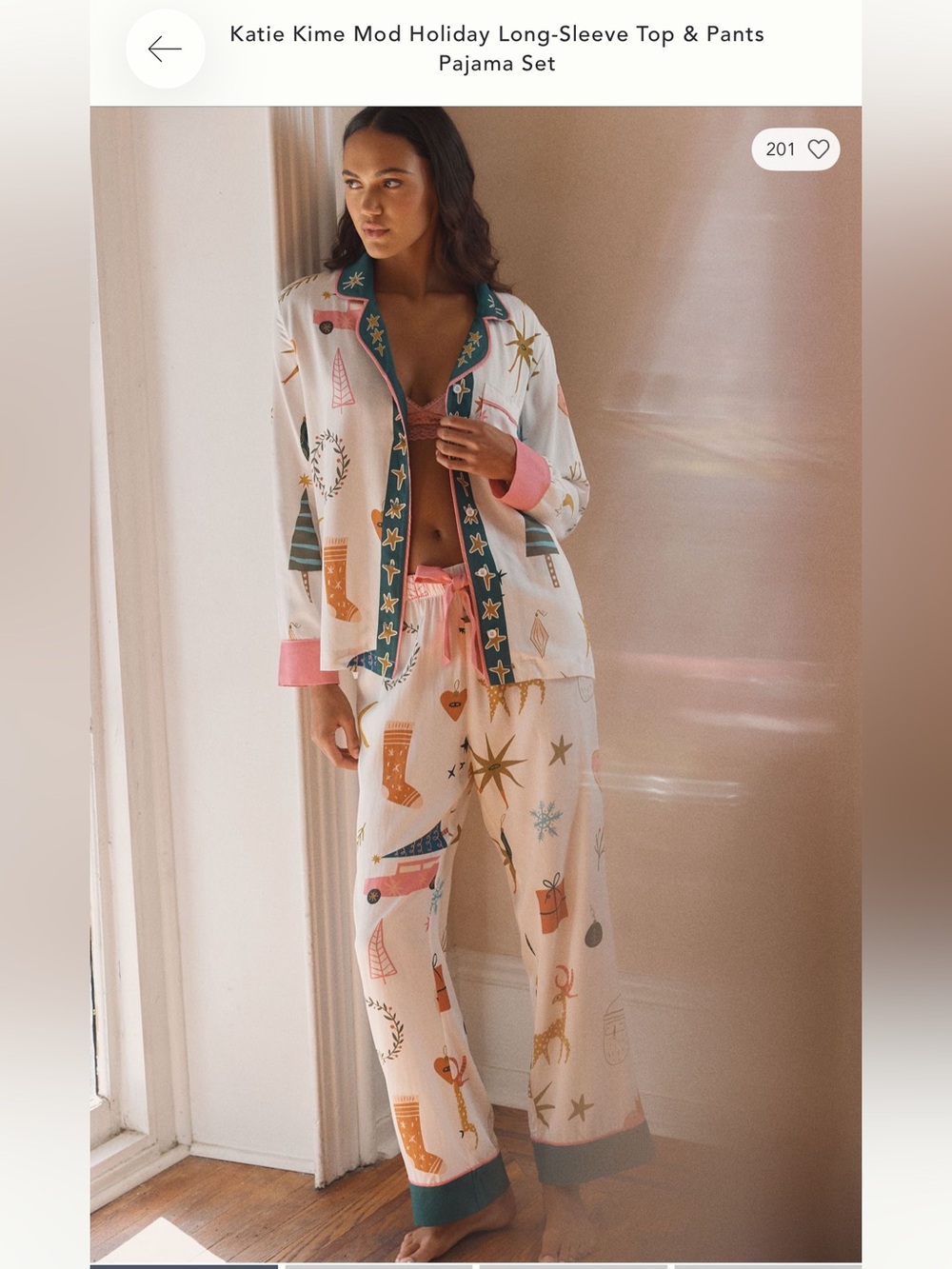 ANTHROPOLOGIE Katie Kime Mod Holiday Long Sleeve Top & Pants Pajama Set Size XL